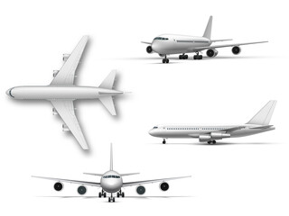 Standing airplane, jet aircraft, airliner. Detailed passenger air plane on white background.