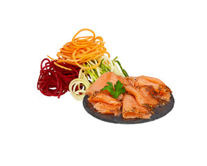 Sliced ​​fresh salmon on a black stone plate isolated on white background with clipping path​