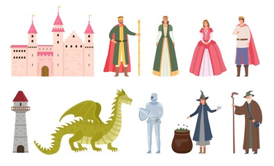 Fairytale characters. Cartoon medieval prince and princess, dragon, knight, witch and wizard. Magic royal castle, queen and king vector set - obrazy, fototapety, plakaty