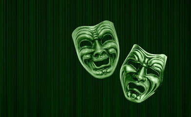 Comedy and tragedy theatrical green mask - Green theater curtain