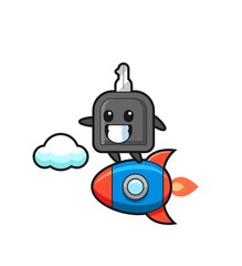 car key mascot character riding a rocket