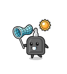 car key mascot illustration is catching butterfly