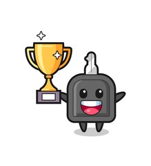 Cartoon Illustration of car key is happy holding up the golden trophy