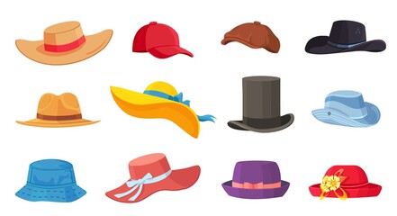Cartoon hats. Female and male headwear, derby and cowboy, straw hat, cap, panama and cylinder. Summer women vintage fashion hats vector set