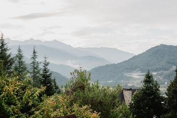 Early morning in the mountains of Krasnaya Polyana, Russia. Dawn in the mountains. Beautiful mountain landscape