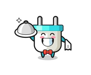 Character mascot of electric plug as a waiters