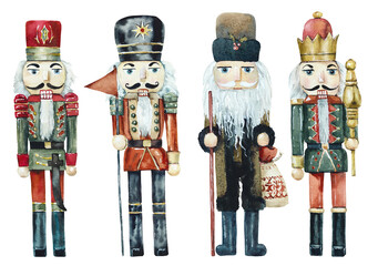 Christmas toy. Nutcracker from wood. Watercolor hand drawing illustration - 442551740