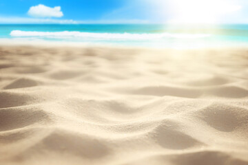 Naklejka na ściany i meble Blur tropical beach with bokeh sun light wave abstract background.