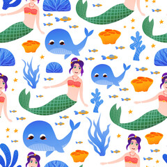 Naklejka na ściany i meble Cute mermaid in carton style with colourful whale character among seaweeds and undersea fauna, seamless pattern for wrapping paper or textile, childish marine ornate for little princess