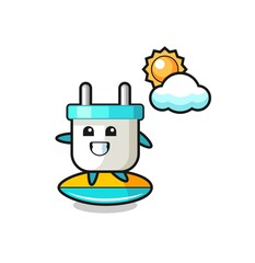 Illustration of electric plug cartoon do surfing on the beach