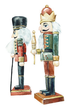 Christmas Toy. Nutcracker From Wood. Watercolor Hand Drawing Illustration