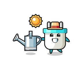 Cartoon character of electric plug holding watering can