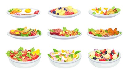 Healthy meal. Breakfast, lunch, salad and dinner menu. Oatmeal with fruit. Balanced diet with vegetables, eggs, meat and seafood, vector set