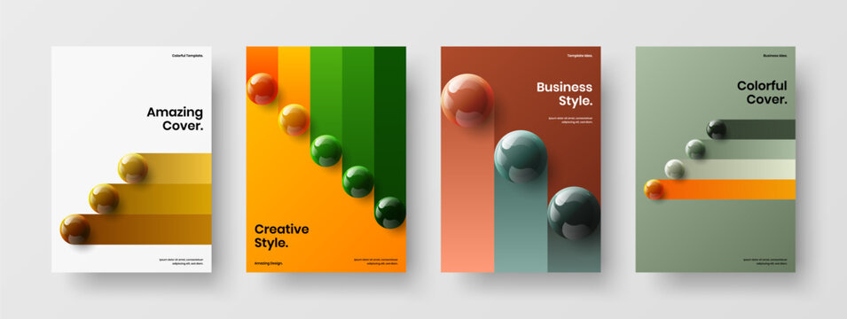 Trendy realistic spheres leaflet template set. Premium catalog cover A4 vector design layout composition.