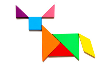 Color tangram puzzle in ox, buffalo or bull shape on white background