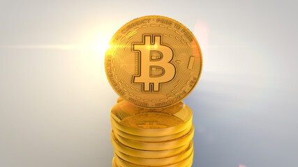 Bitcoin on Stack of Bitcoins in Middle. a bitcoin stands on top of a stack of gold coins with gold lens flare