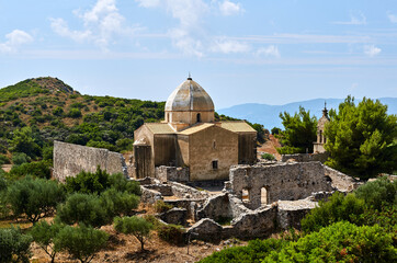 Stone ruins of the orthodox monastery of Panagia Skopiotissa on the island of Zakynthos