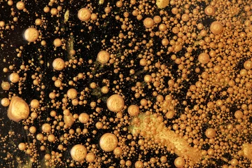 Makro Gold- und Bronzeblasentropfen. Abstrakte Flussfarbflecken auf schwarzem horizontalem Hintergrund. © Liliia
