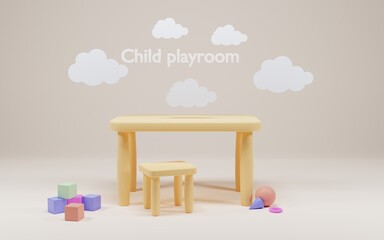 Child playroom with table, chair and basket toys for fun games or education. Modern interior kids room on pastel beige background. Cartoon 3d illustration elementary school or kindergarten with clouds