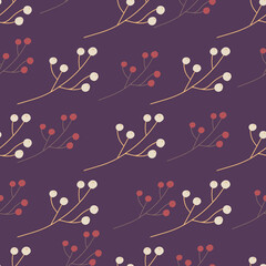Hand drawn seamless pattern with simple style berries ornament. Purple background. Doodle floral backdrop.