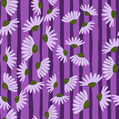 Random bright seamless pattern with simple style daisy flowers silhouettes. Purple striped background.