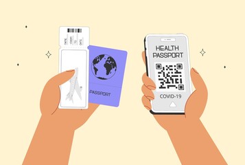 Flat vector illustration with health passport mobile application or Covid19 vaccination passport. Travel during the pandemic. The hands holding a passport, airline ticket and smartphone.