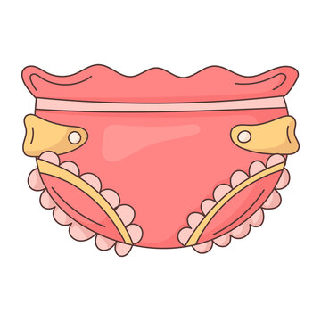 Vector isolated baby icon with stroke. Lovely pants or diaper with embellishment, ruffles and clasps. Child clothing or underwear item sticker.