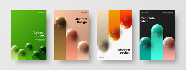 Colorful brochure vector design illustration set. Abstract realistic spheres cover concept composition.