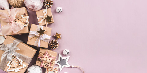 Festive Christmas background with gift boxes and Christmas decorations