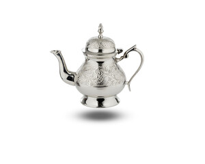 antique tea pot cup of coffee vintage silverware isolated on​ white​ background​ with​ clipping​ path​