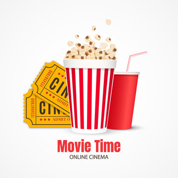 Cinema background. Film industry objects. Tickets, popcorn and drink.