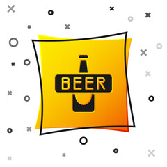Black Beer bottle icon isolated on white background. Yellow square button. Vector