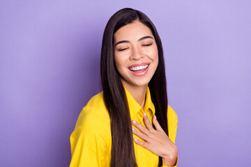 Photo of nice pretty young cute woman laugh good joke charming face isolated on purple color...