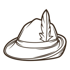 Illustration of hunting hat with feather. Object in engraving hand drawn style. Old element for beer festival or Oktoberfest.