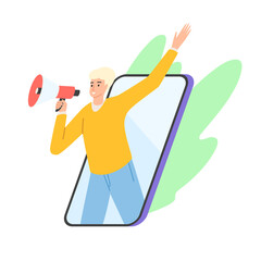 Promotion in social networks. Man with a loudspeaker in the smartphone screen. Advertising campaign in a blog by an influencer. Online marketing concept SMM. Vector illustration