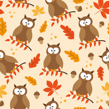 Autumnal leaves and owl bird seamless pattern. Good for textile print, wallpaper, wrapping paper, label, cover, and other gifts design.