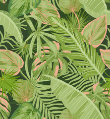 Tropical vector seamless leaves pattern. strong greens leaves of exotic monstera and palm plant. retro style illustration.