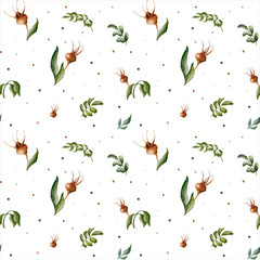 Beautiful watercolor floral seamless pattern with brown rosehips, green leaves and dots on the white background. Rustic hand-drawn nature ornament for wrapping paper, fabric, paper for scrapbooking