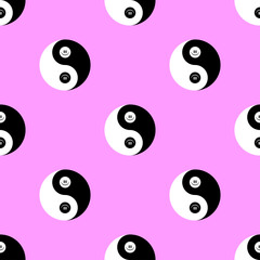 Yin and yang with happy face in pink background. Vector seamless pattern - 442556592