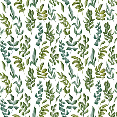 Beautiful watercolor foliage seamless pattern with green leaves on the white background. Elegant hand-drawn nature ornament for wrapping paper, fabric, paper for scrapbooking, wedding invitations, etc
