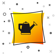 Black Watering can icon isolated on white background. Irrigation symbol. Yellow square button. Vector