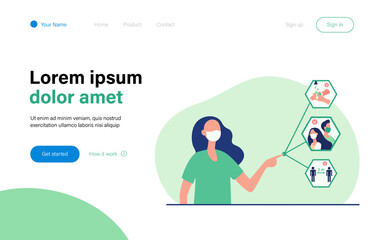 Nurse in mask pointing at protective tips during pandemic. Virus, hygiene, distance flat vector illustration. Medicine and coronavirus concept for banner, website design or landing web page