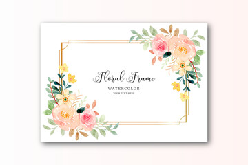 Watercolor flower background with golden frame