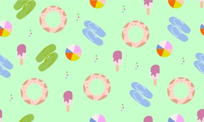 pattern summer beach. lifebuoy, beach slippers and ice cream for a hot summer, a multi-colored beach ball. Vacation near the ocean