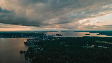 two lakes, city and forest, top view