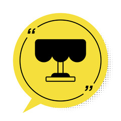 Black Wooden table icon isolated on white background. Street cafe. Yellow speech bubble symbol. Vector