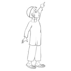 sketch, a Jewish boy in a kippah and with dogs pulls his hand up, coloring, isolated object on a white background, vector illustration,