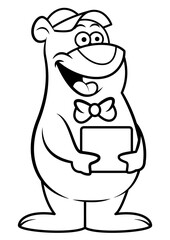 Black and white cartoon illustration of Bear wearing hat and bowtie, carrying a package and delivering to customer, best for coloring book of children with profession themes