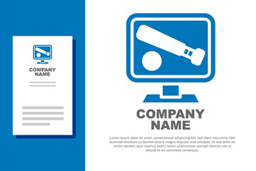 Blue Monitor with baseball ball and bat on the screen icon isolated on white background. Online baseball game. Logo design template element. Vector