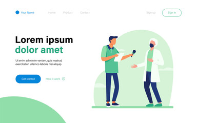 Young guy interviewing doctor in mask. Microphone, quarantine, reporter flat vector illustration. Pandemic and protection concept for banner, website design or landing web page